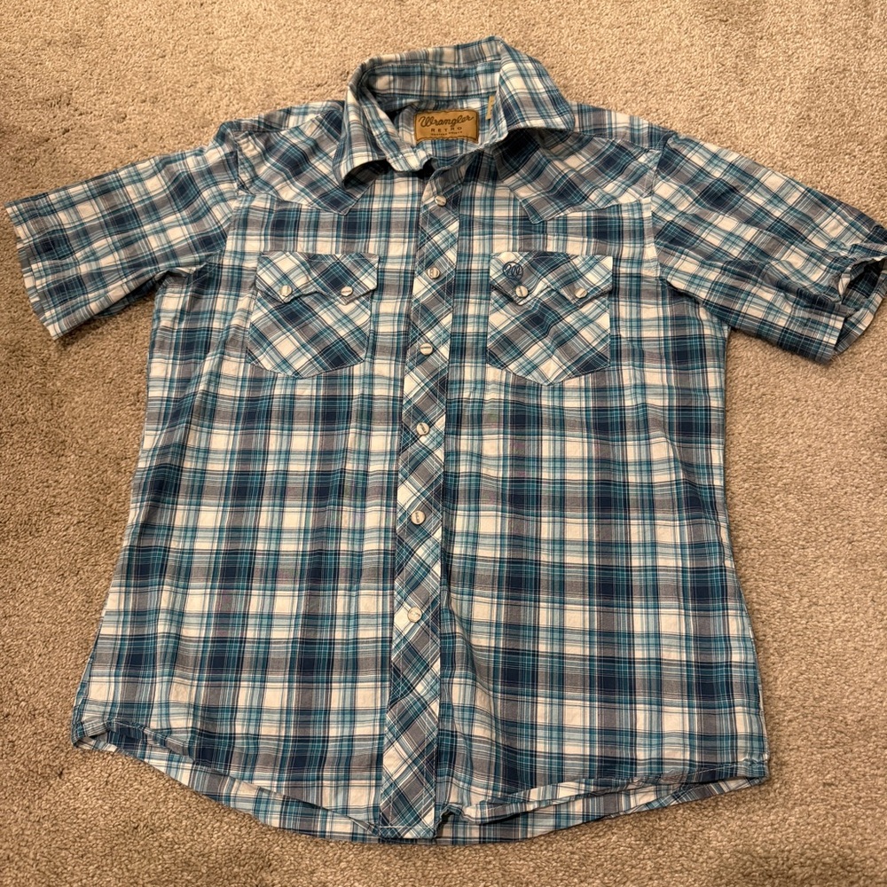 Wrangler Western Shirt Short Sleeve Pearl Snap Blue Plaid Pockets Collared M